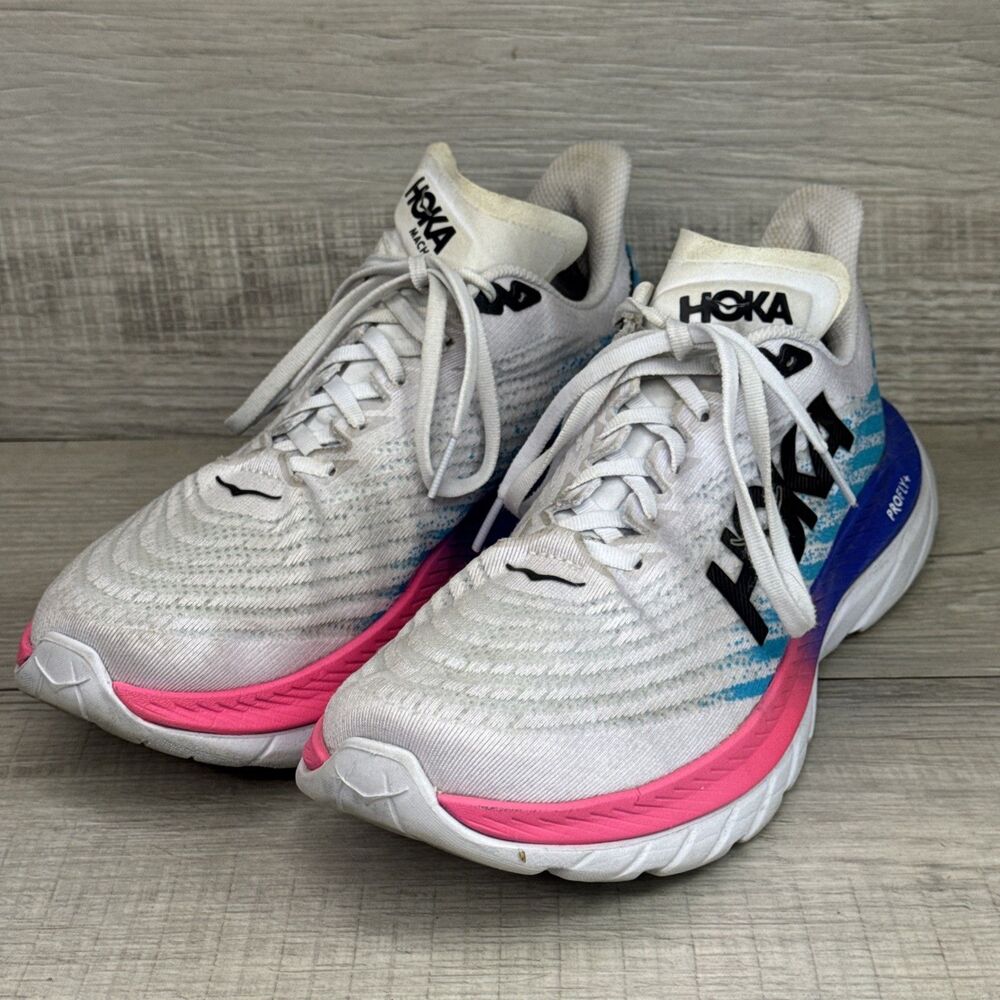 Hoka One One Mach 5 Sneakers Mens Size 9D White Scuba Blue Running Athletic